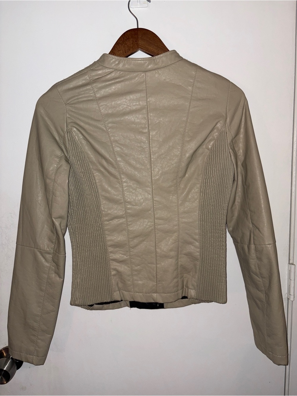 therapy Women's Beige Faux Leather Moto Jacket with Rib Side Panels - Picture 2 of 3